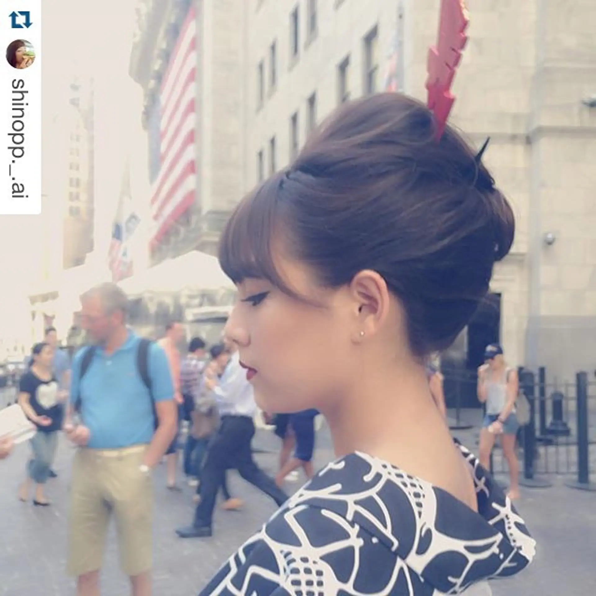 An elegant, high updo with fringe bangs, accented by a hair stick accessory and traditional, polished styling. Styling by @takeohair for @shinopp._.ai 2