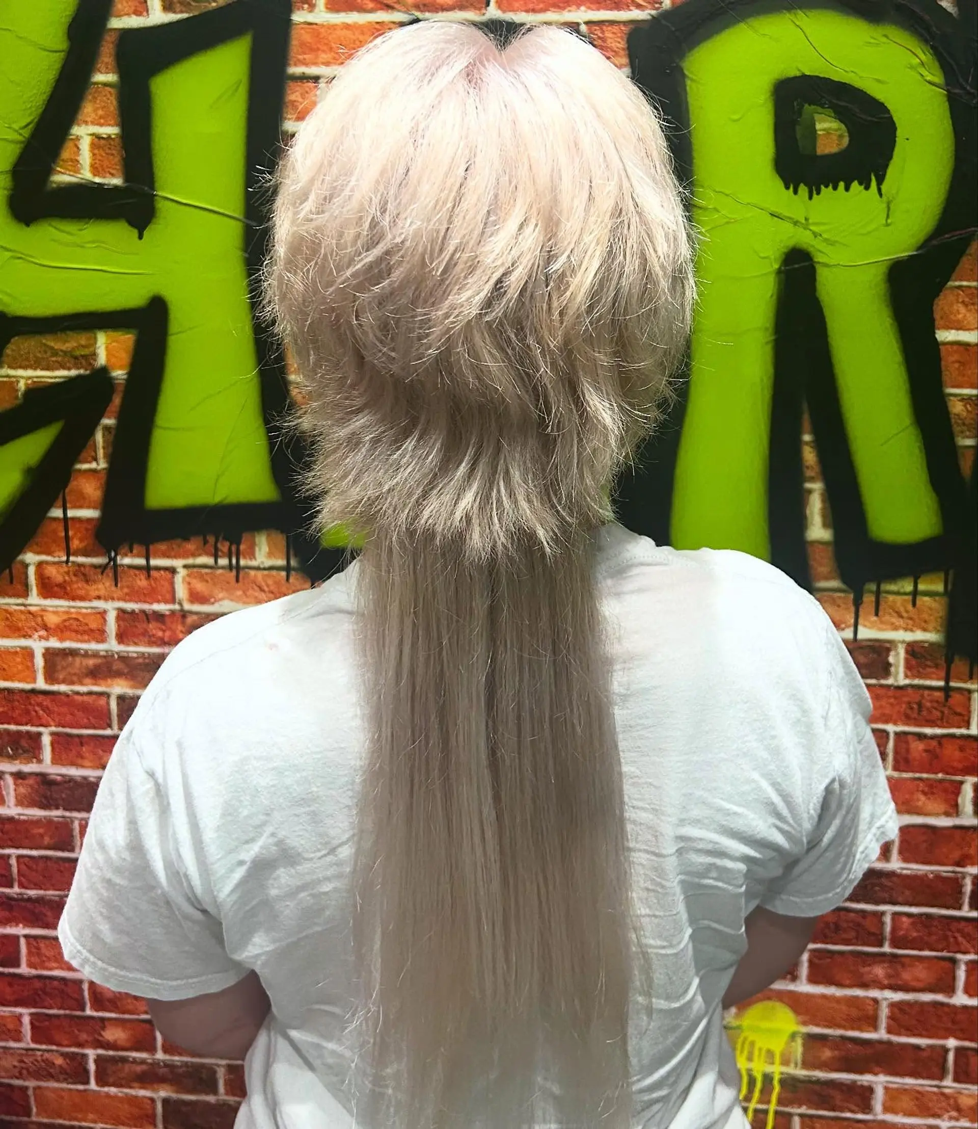 An edgy platinum blonde shag mullet featuring heavily textured, short layers on top and a sleek, long rat tail down the back. 1