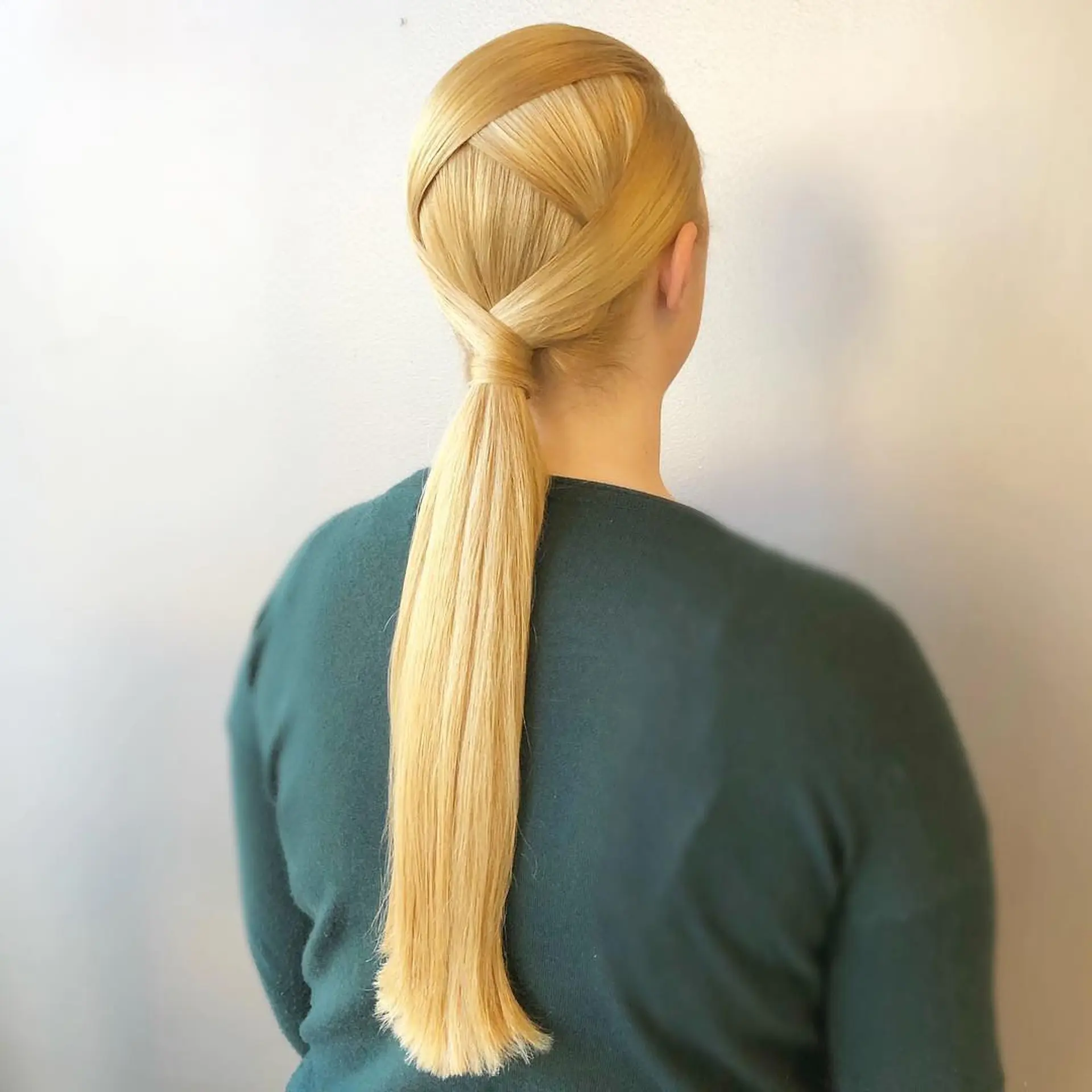 A sleek, structured low ponytail featuring an intricate criss-cross woven design at the crown. 1