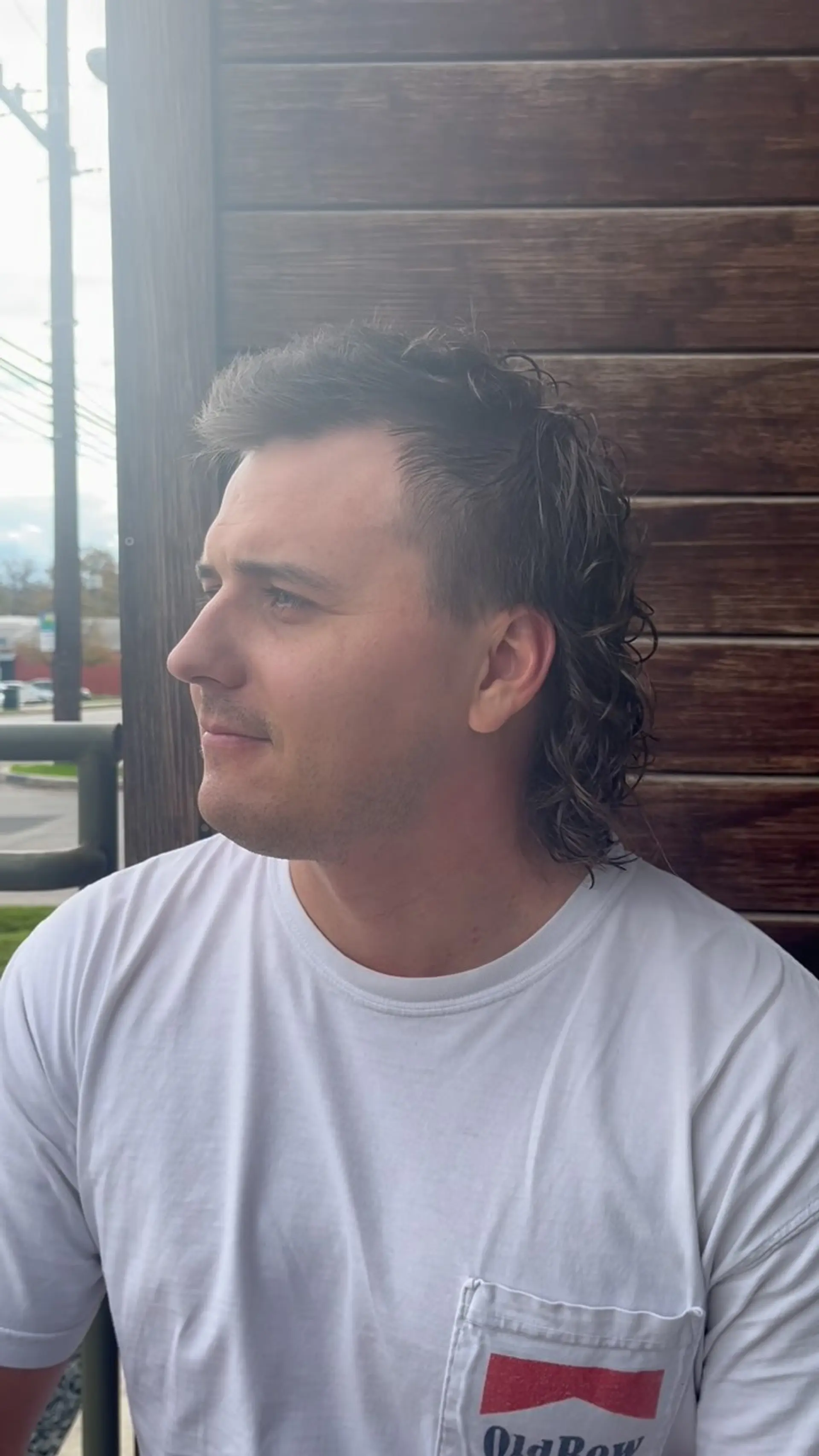 A stylish curly mullet with short, neat sides and defined permed curls cascading down the back. 1