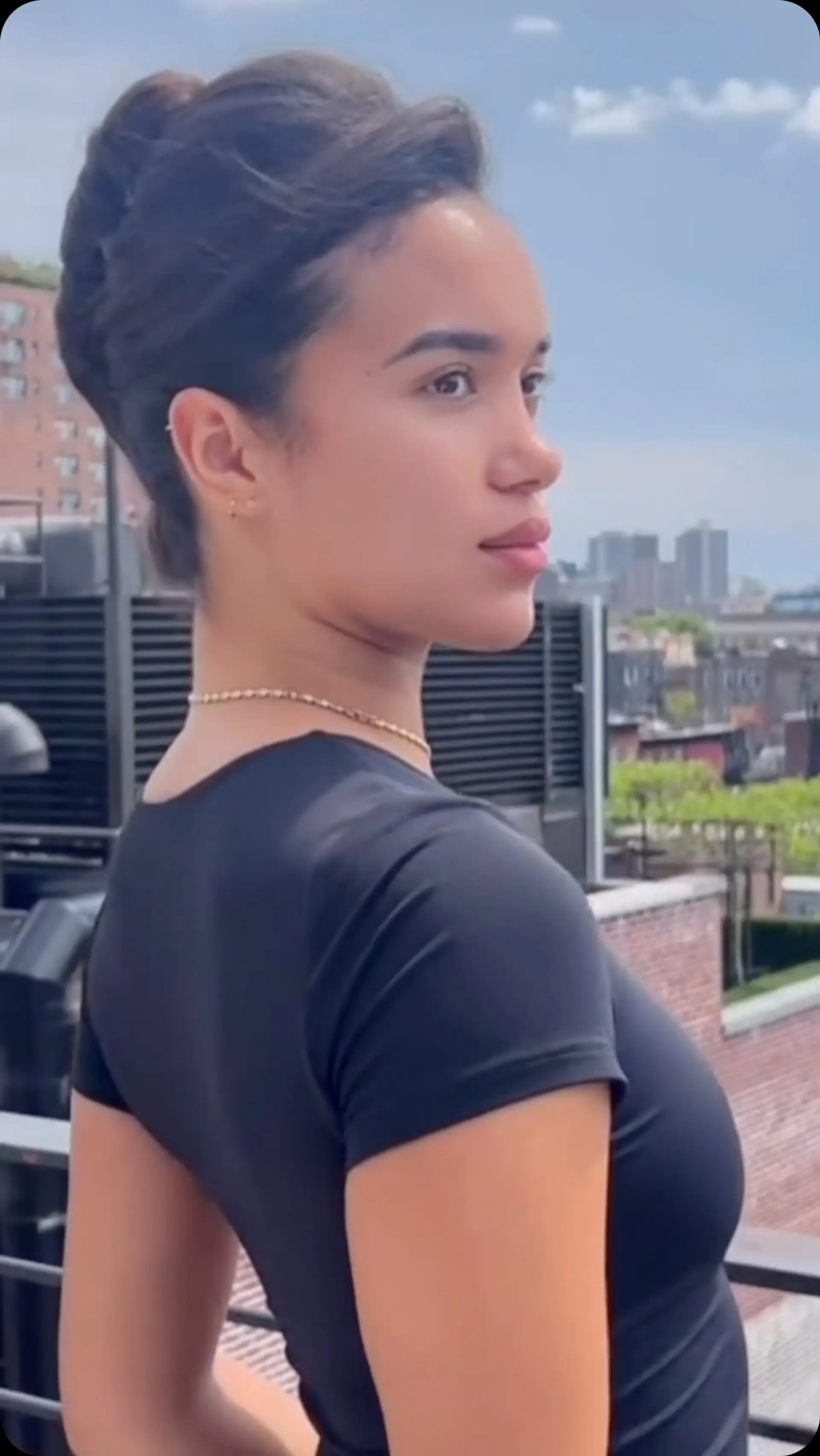 A sleek, sculpted French twist updo with a soft volume pompadour silhouette at the front. 1