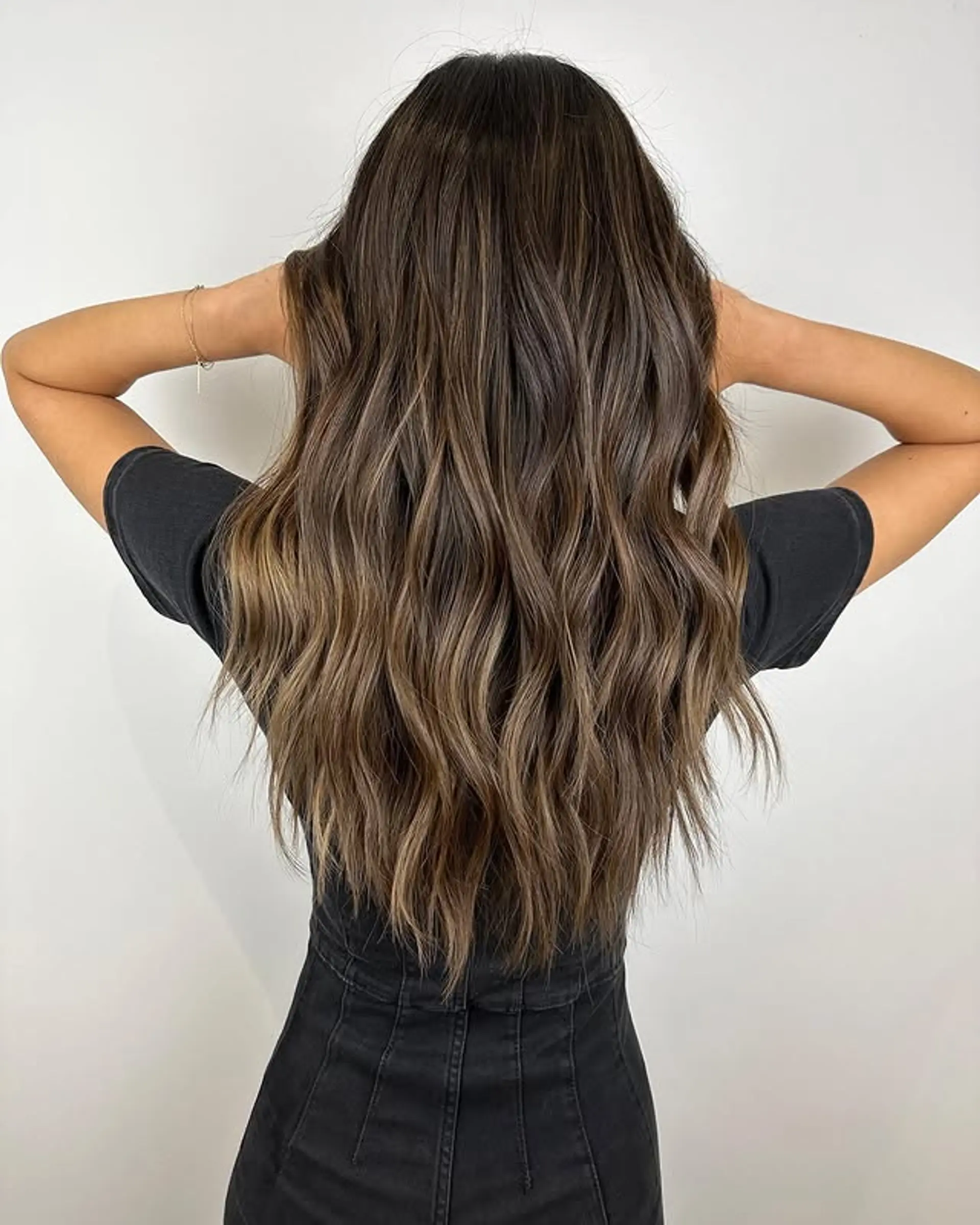 Long, wavy hair with a bronde balayage, creating a sun-kissed effect. 1