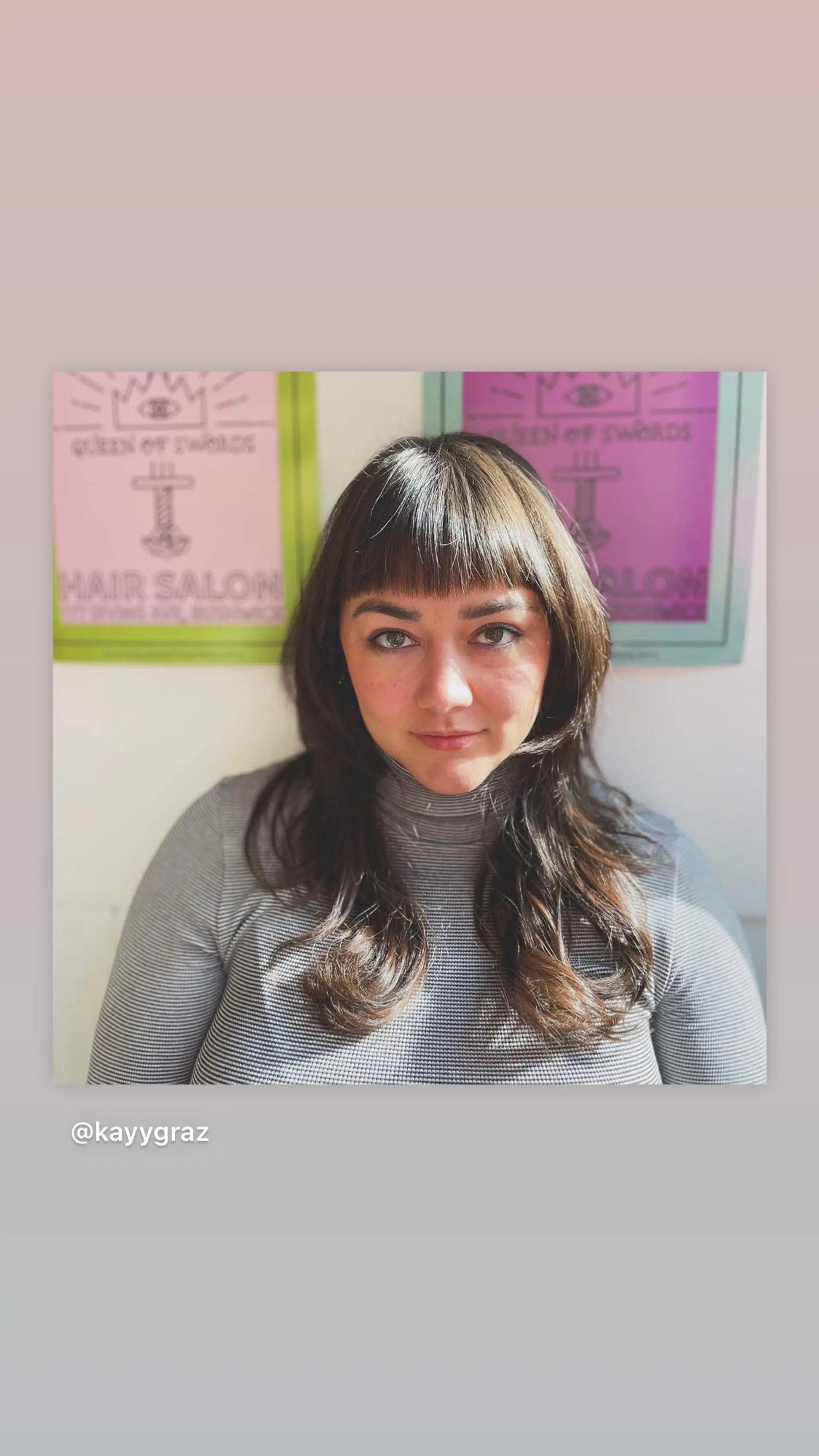 A layered shag with blunt bangs. 1