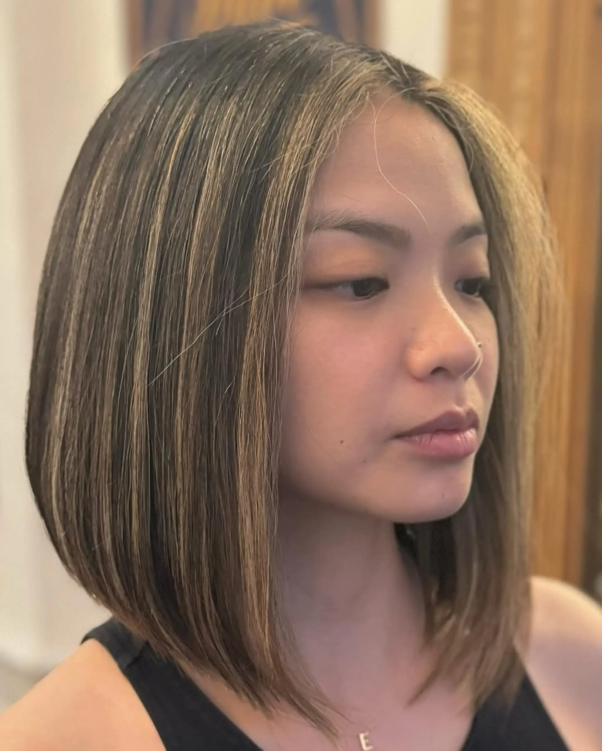 A medium-length, straight bob with blunt ends and honey blonde highlights on dark brown hair, creating a sleek and warm-toned look. 1