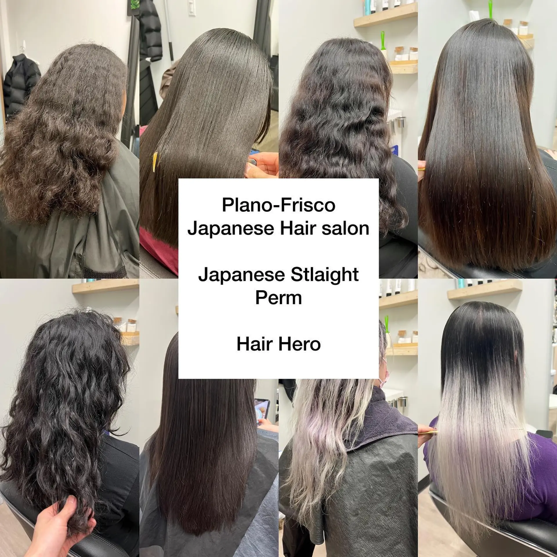 A collage of before-and-after transformations showcasing Japanese straight perms that turn wavy and frizzy textures into ultra-sleek, shiny straight hair. 1