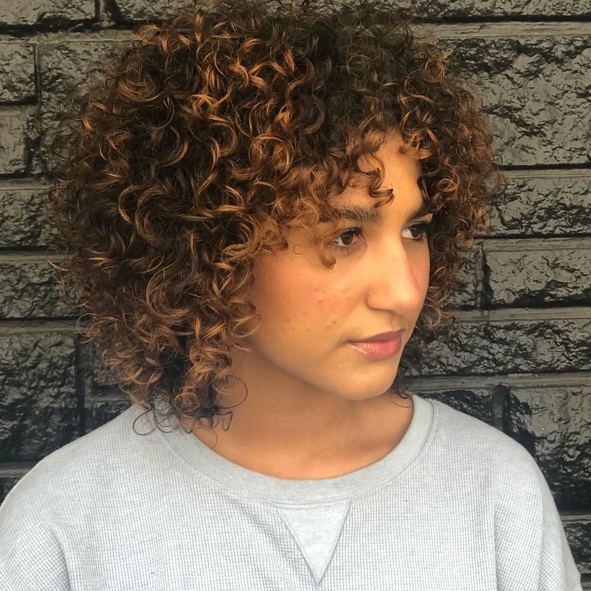 A voluminous, rounded curly bob cut featuring face-framing curly bangs and warm dimensional highlights. 1