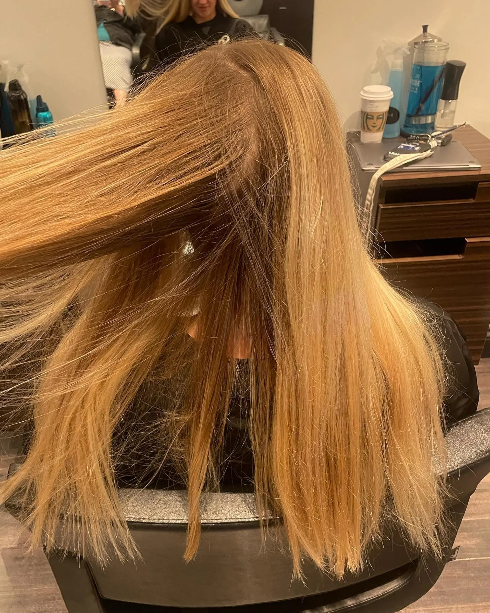 Long, straight honey blonde hair shown in motion to display dimension and golden tones. 1