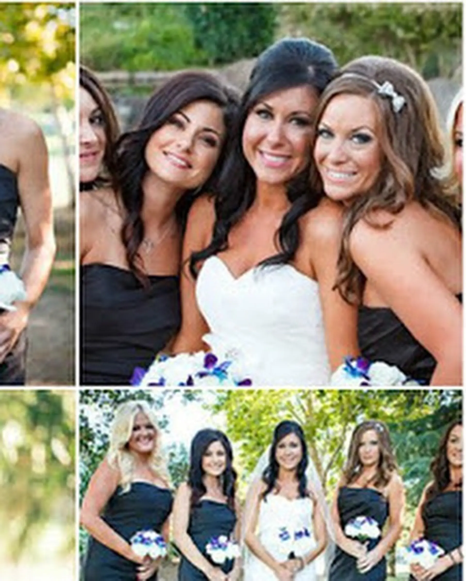 A collection of formal bridal and bridesmaid hairstyles featuring soft waves, half-updos, and accessorized event styles. 1