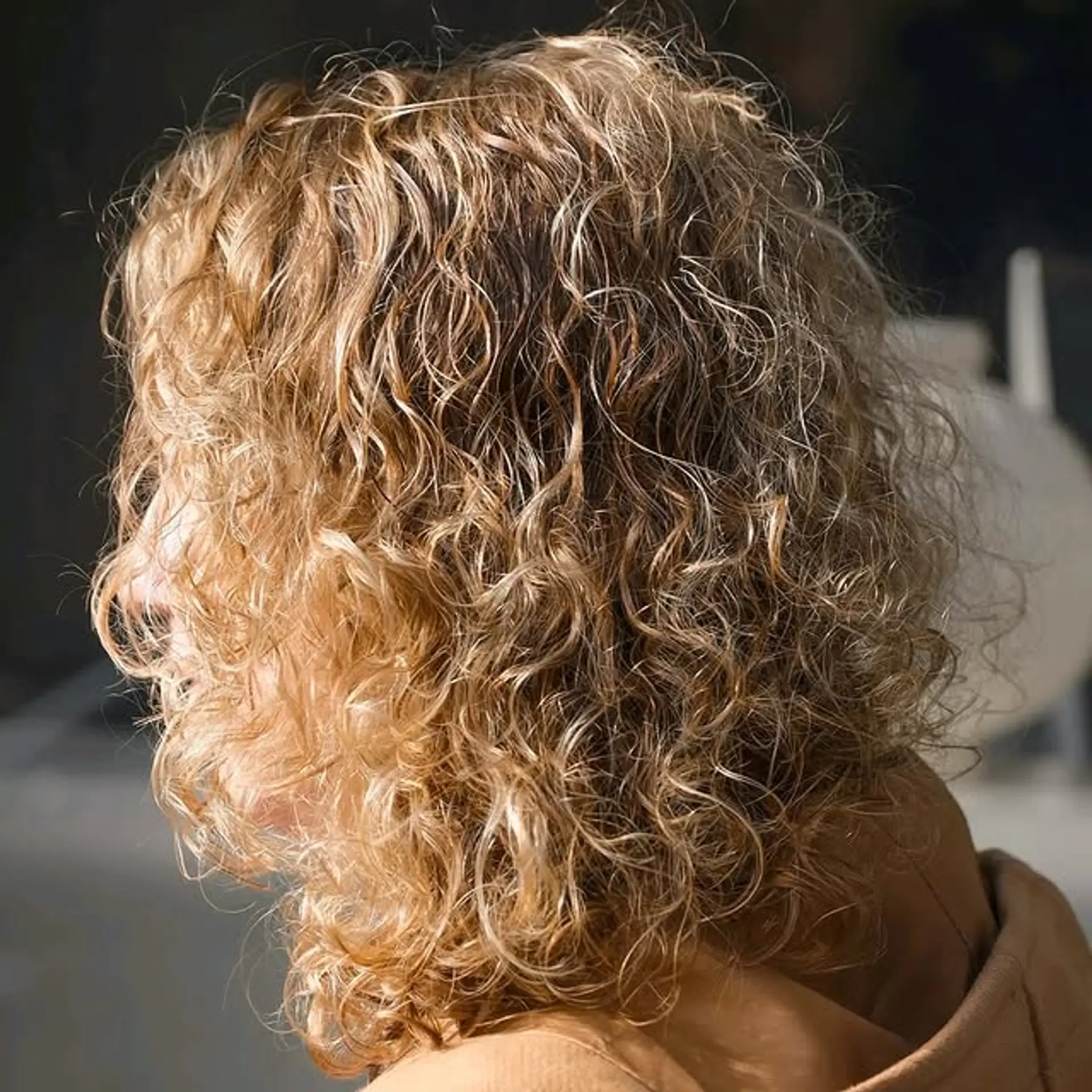 A voluminous, shoulder-length layered bob with natural curls. 1