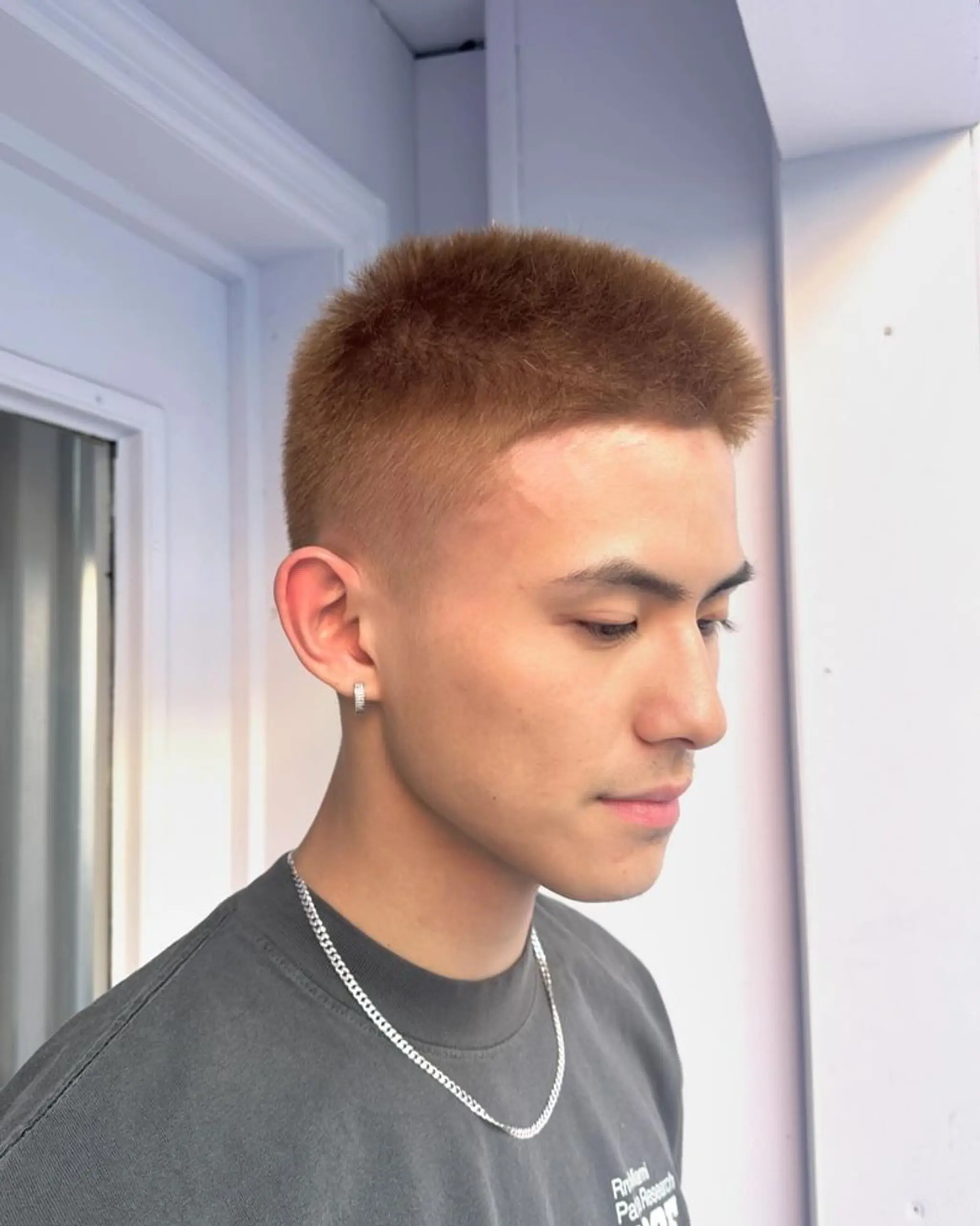 A very short buzz cut with a sharp fade along the sides, keeping a uniform length on top. The light brown color gives a clean, minimalist look, perfect for easy maintenance.