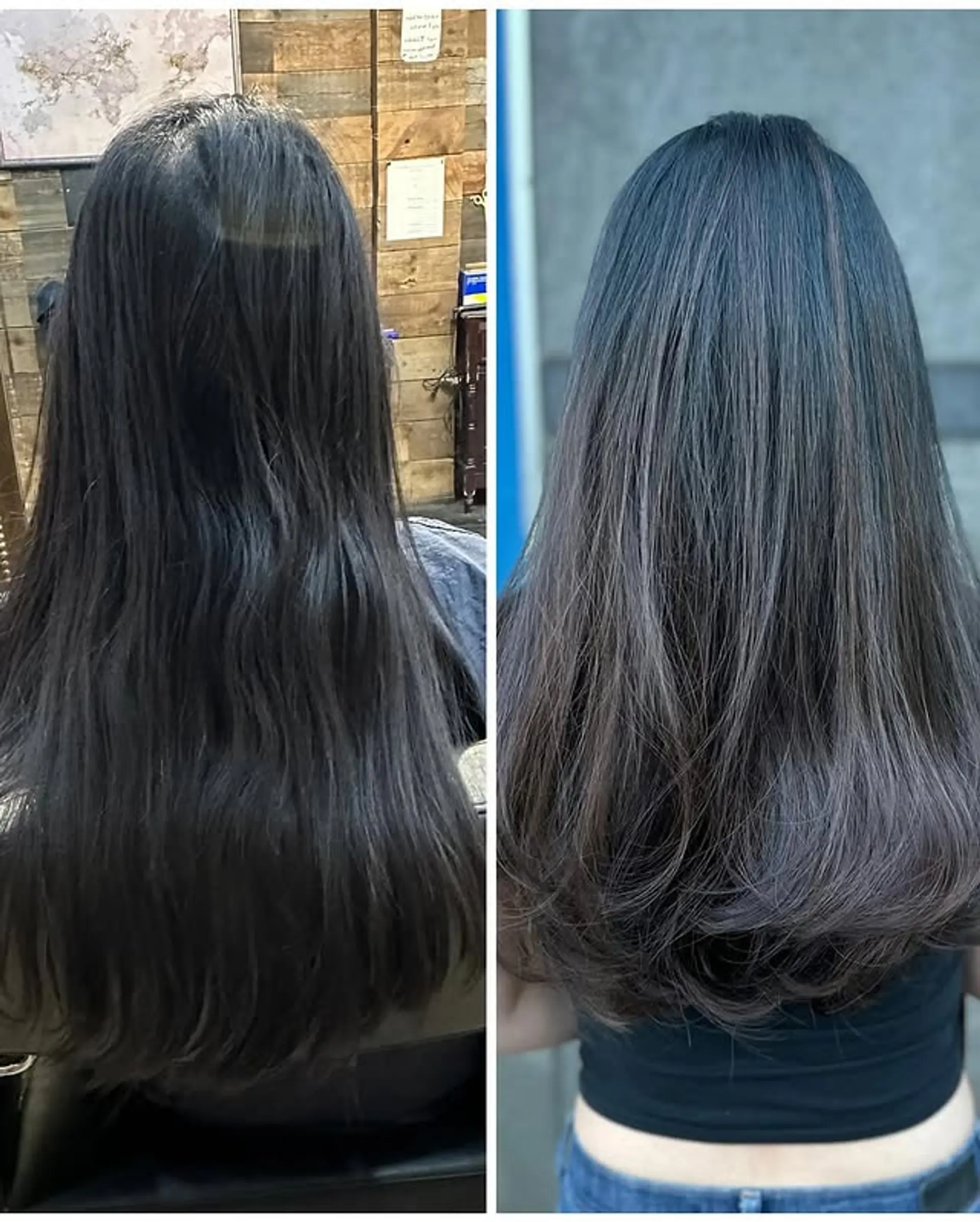 Long, straight hair with a charcoal gray balayage. 1