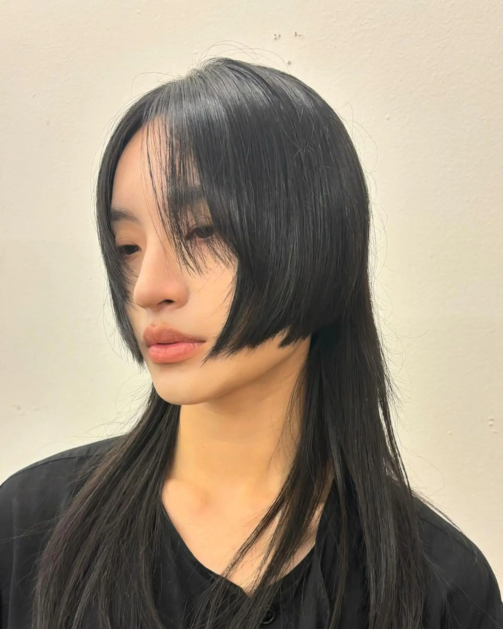 Jet black, straight hair with medium length and layered bangs, featuring feathered layers and a face-framing, edgy look. 2
