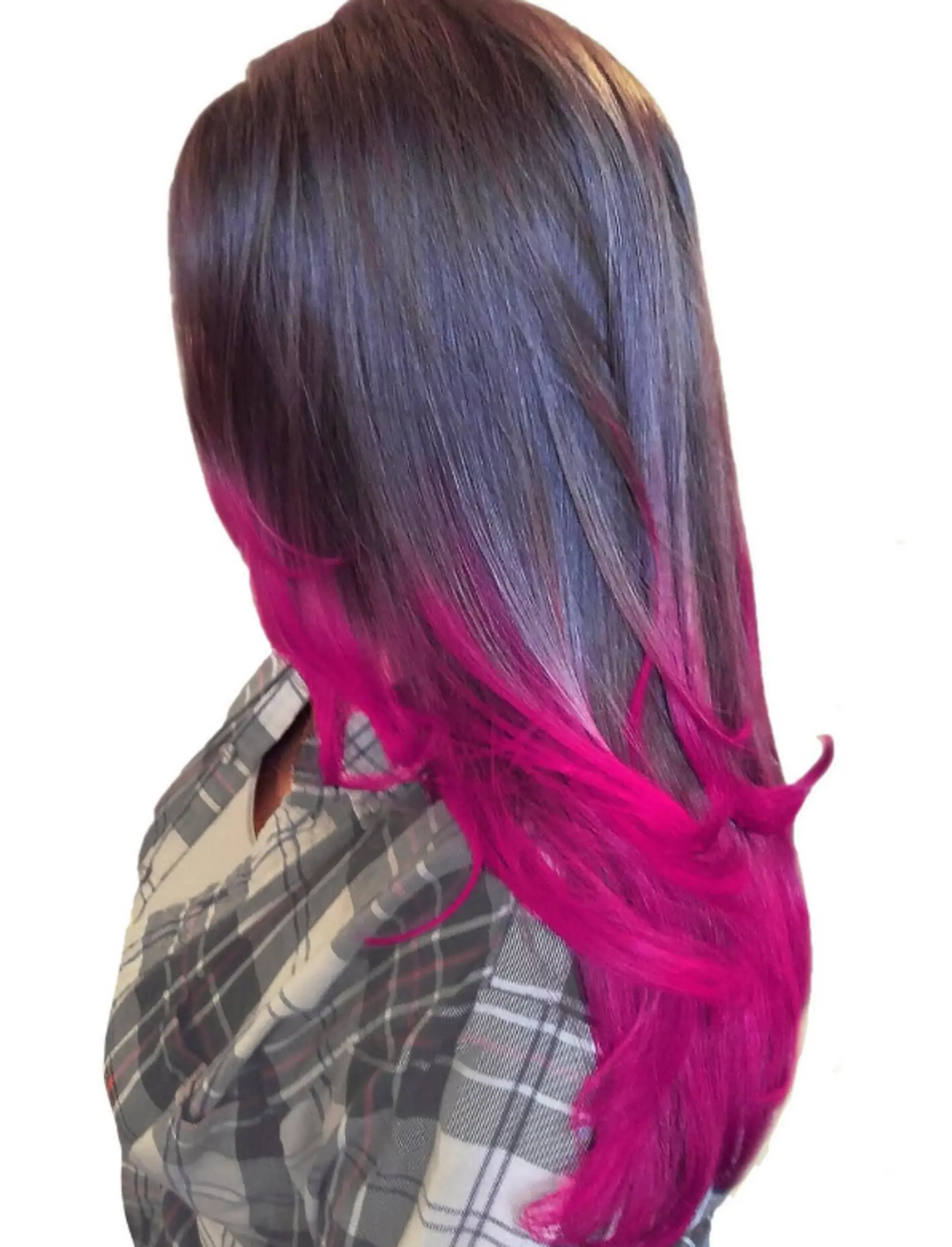 A dip dyed long straight hairstyle with gray roots and vibrant pink tips. 1