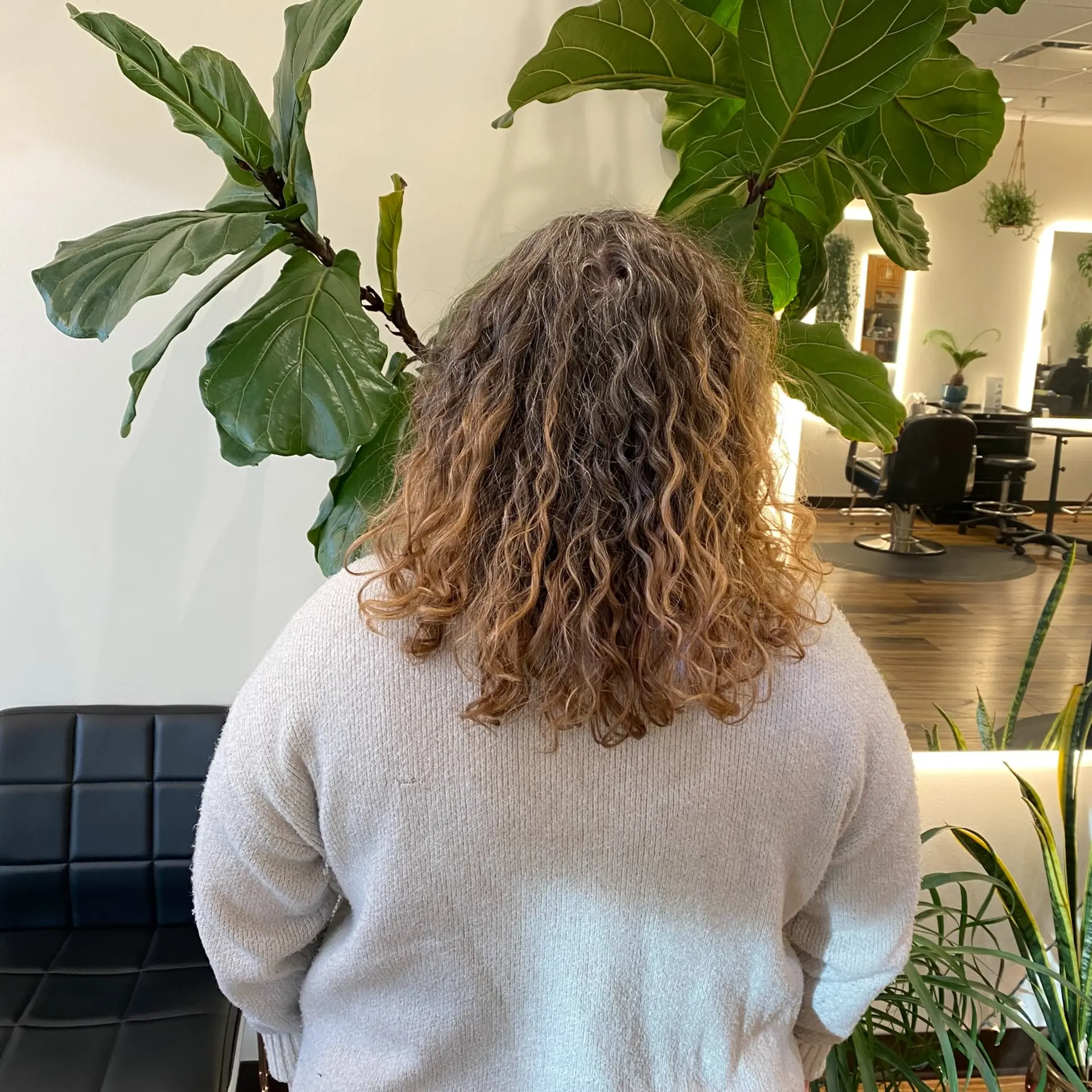 Medium-length defined natural curls cut with soft layers and warm caramel highlights. 1