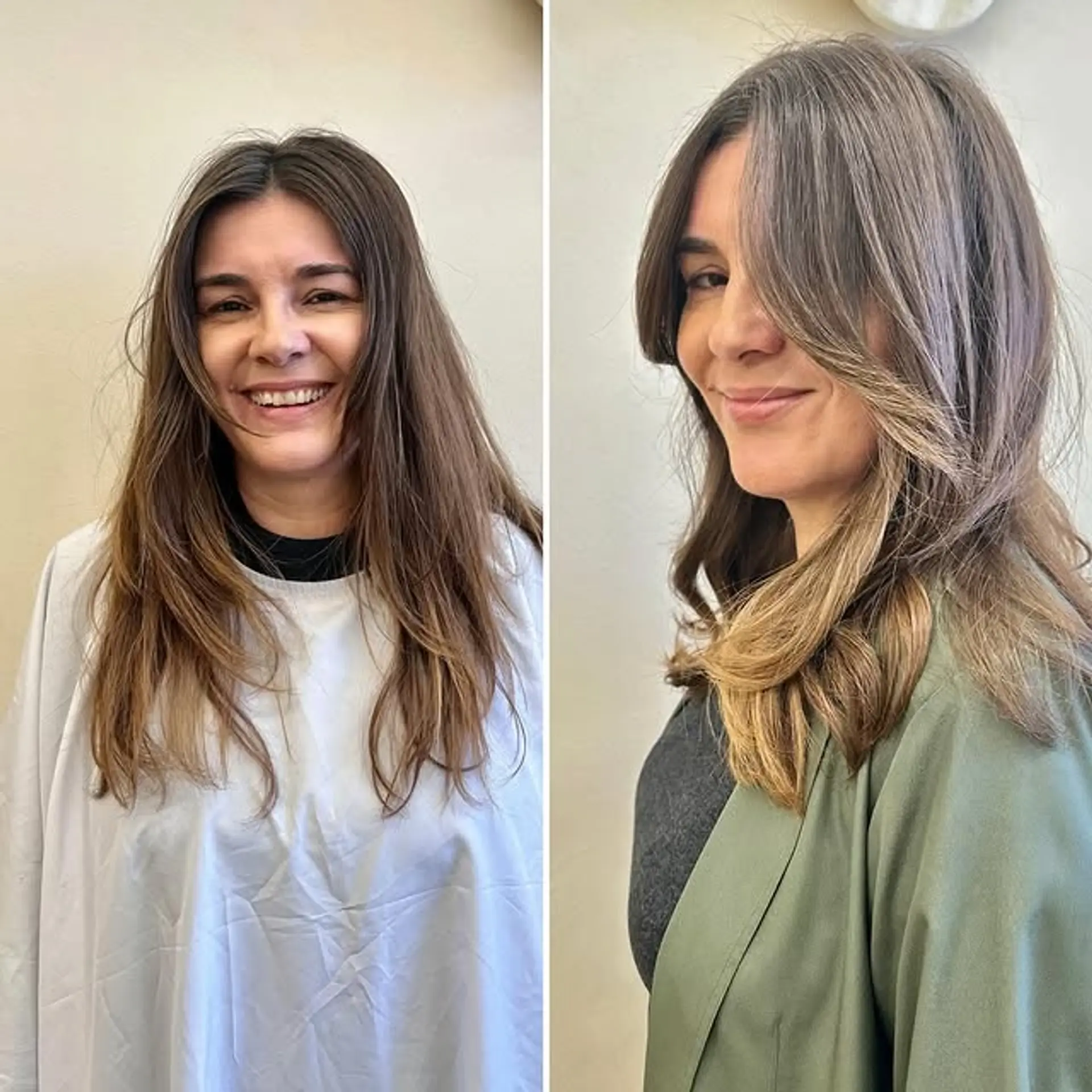 Long, straight hair with curtain bangs and face-framing layers, highlighted with a balayage technique. 1