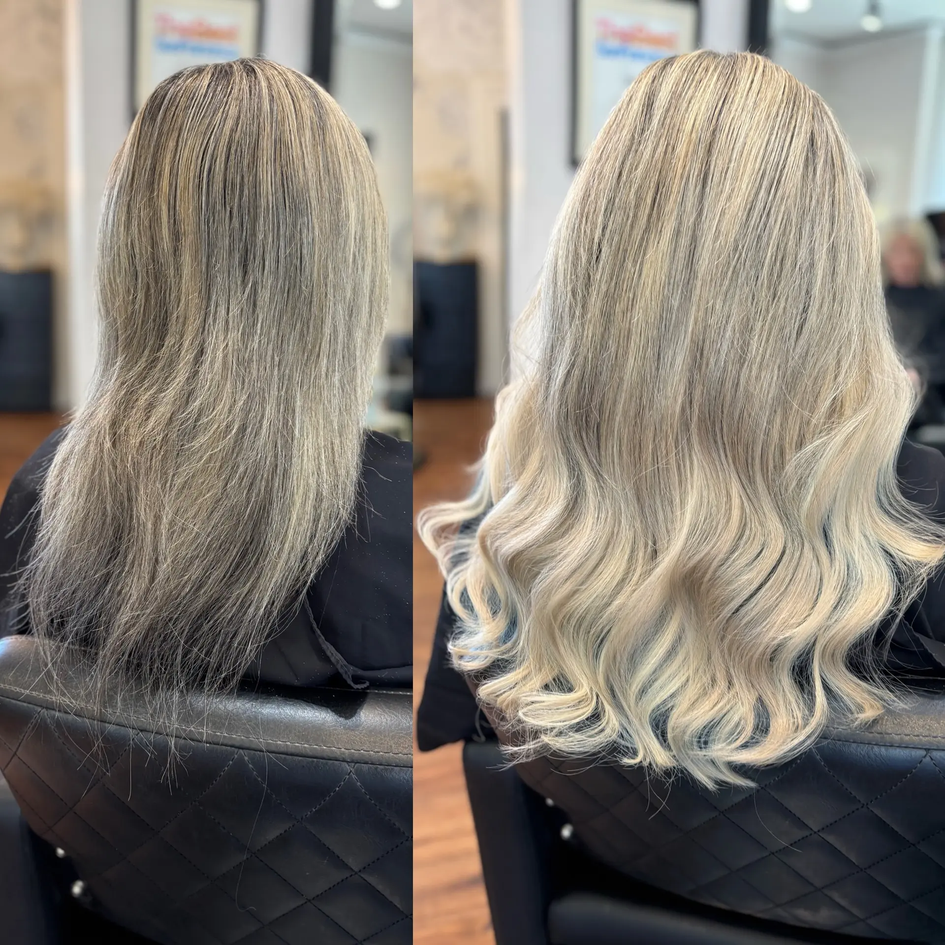 A dramatic blonde hair extension installation adding dense volume and soft, polished waves. 1