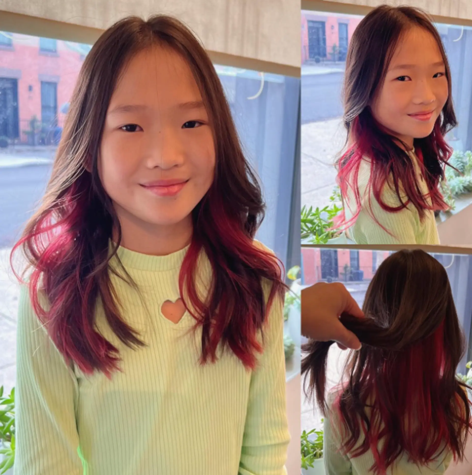 Medium length wavy hair with peekaboo red underlights. 1